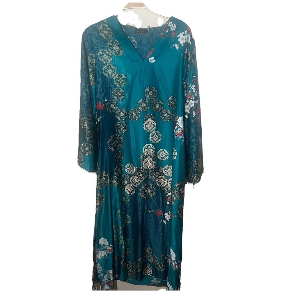 Natori‎ Blue Multi Asian Motif Kimono Kaftan Dress Size S New Satin Bright Light